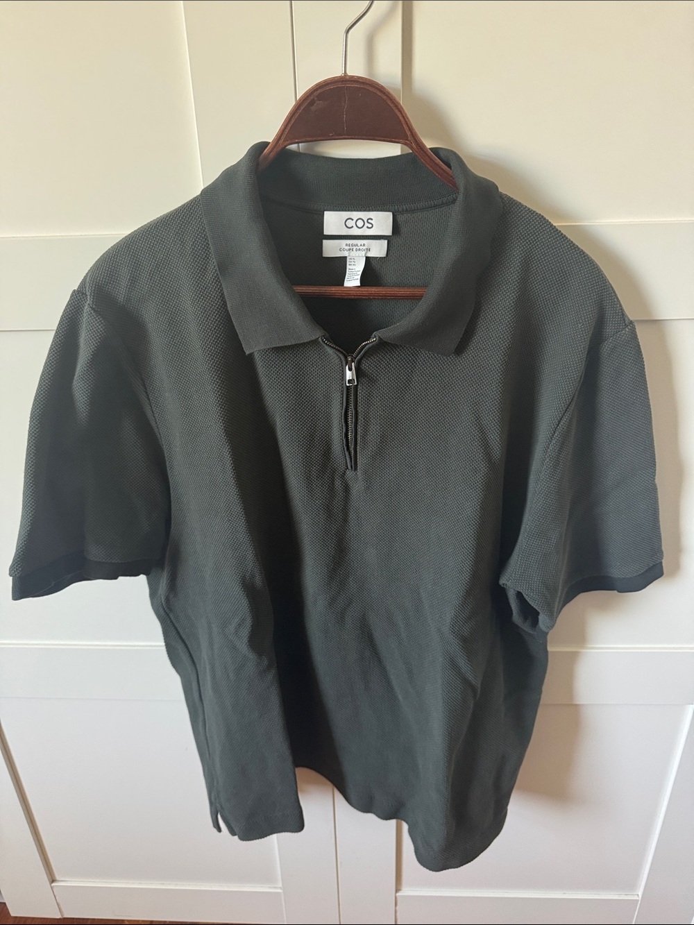 COS Men's Olive Green Short Sleeve Zip Polo